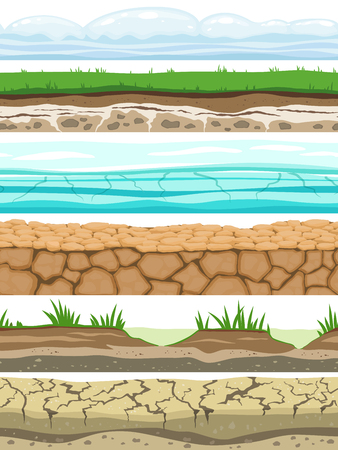 Ground seamless levels. Desert grounded land soil ice grass texture water stone surfaces. Game ui vector setのイラスト素材