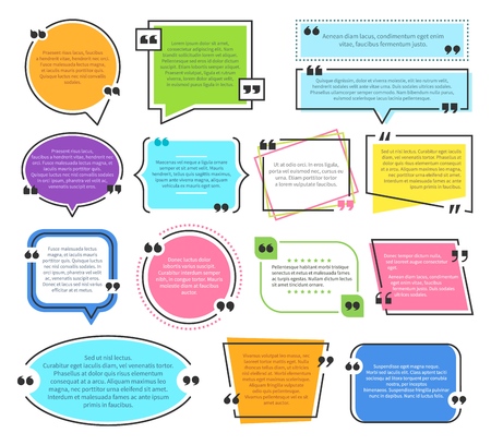 Texting boxes. Quote text design info boxes quotation bubble blog quotes symbols. Speech citation balloons, remark frame vector setのイラスト素材