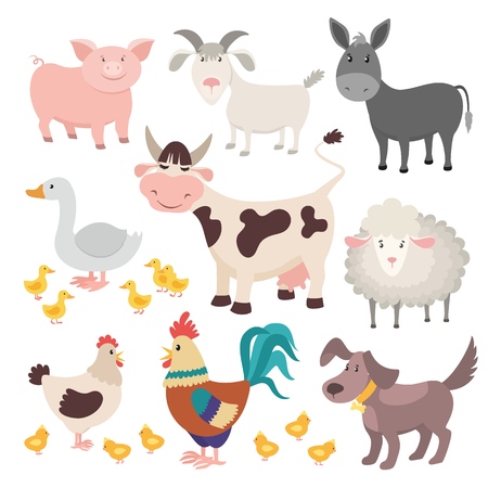 Farm animals. Pig donkey cow sheep goose rooster dog cartoon kids animal vector isolated setのイラスト素材