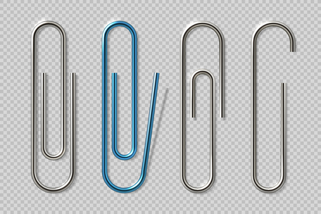 Realistic paper clips. Isolated transparent attach elements, school supplies, metal fasteners notebook holders. Vector isolated clipsのイラスト素材