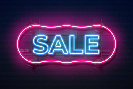 Neon sale sign. Retro light frame, futuristic glowing border shape, abstract advertising color background. Vector realistic neon signのイラスト素材