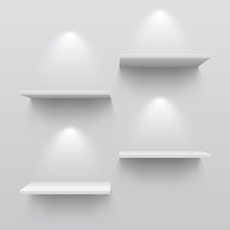 Realistic white shelves. Empty store bookshelf exposition shadows and lights on wall shop indoor. 3D museum interior vector templateのイラスト素材