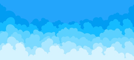 Cloud flat background. Cartoon blue sky pattern abstract cloudy frame cloudy summer poster scene. Vector clouds graphic wallpaperのイラスト素材