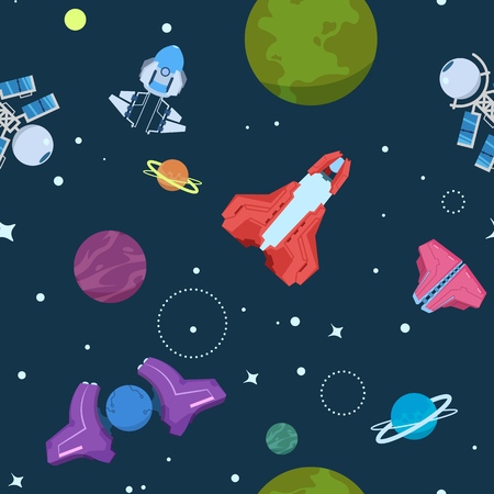 Cartoon space seamless pattern. Alien planets ufo rockets and missiles. Galaxy kid boy room vector...