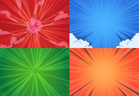 Comic book background. Cartoon pop art halftone dot design, line blast comics effect, vs retro graphic art. Vector comics background setのイラスト素材