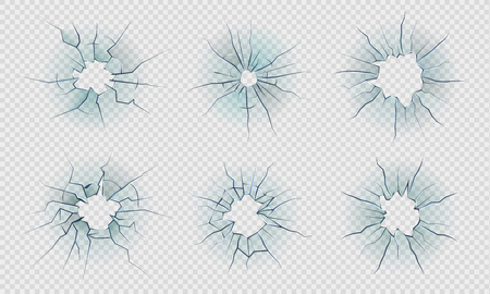 Cracked glass. Smashed ice effect, realistic texture of broken mirror, bullet holes in transparent glass. Vector break surface setのイラスト素材