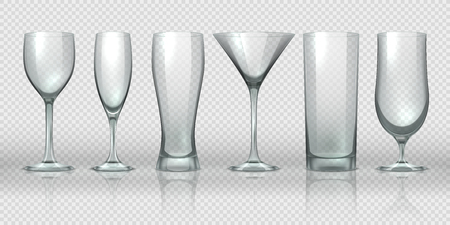 Glass cups. Empty transparent glasses and goblet mockups, realistic 3D bear pint and cocktail glassware. Vector glass cup setのイラスト素材