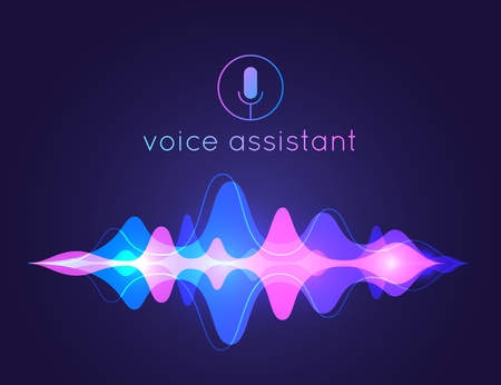 Voice assistant sound wave. Microphone voice control technology, voice and sound recognition. Vector AI assistant voice backgroundのイラスト素材