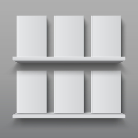 Realistic bookshelf with books. Library shelf mockup, modern office bookcase, plywood wall shelf 3D vector design templateのイラスト素材