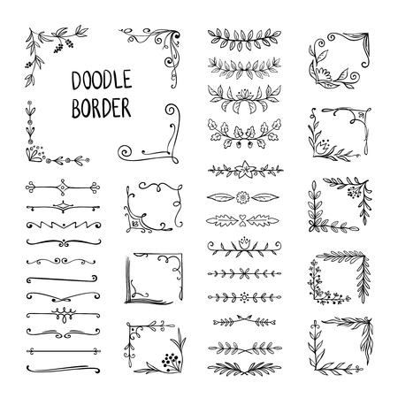 Doodle border. Flower ornament frame, hand drawn decorative corner elements, floral sketch pattern. Vector doodle frame elementsのイラスト素材