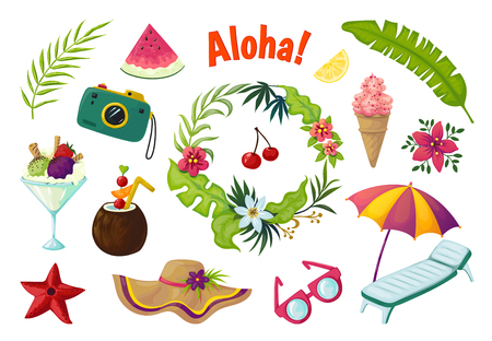 Exotic stickers. Summer party tropical collection of doodle fruits leaves cocktail flamingo, jungle vacation abstract vector elementsのイラスト素材