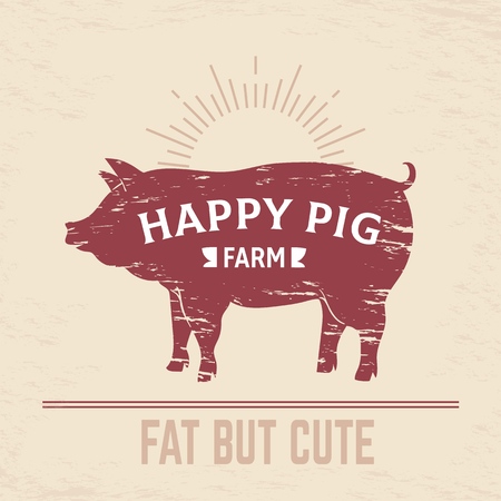 Butcher pig poster. Vintage BBQ pork icon, farm animal vintage butcher emblem, meat menu banner. Vector bacon butcher diagramのイラスト素材
