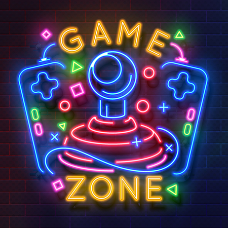 Retro game neon sign. Video games night light symbol, glowing gamer poster, gaming club banner. Vector retro neon flyer iconのイラスト素材