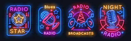 Radio neon sign. Music glowing icons, on air night light emblems, audio show concept. Vector neon radio communication icon setのイラスト素材