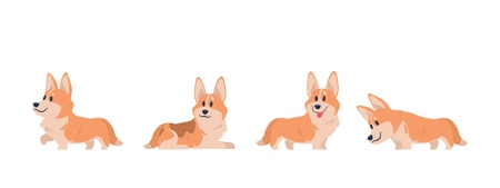 Cartoon corgi. Flat puppy for stickers, postcards, prints and posters, corgi home pet. Vector set of cartoon corgi planesのイラスト素材