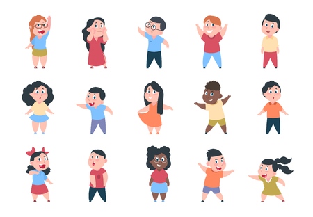 Cartoon children. Boy and girl school characters, set happy little child, elementary school group. Vector student kids collectionのイラスト素材