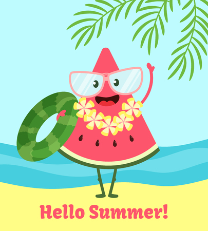 Watermelon summer poster. Poster design with vector watermelon character, funny happ backgroundのイラスト素材