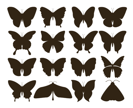 Silhouette butterflies. Simple collection of hand drawn black tattoo shapes, vintage fly insect set. Vector butterfly drawingのイラスト素材