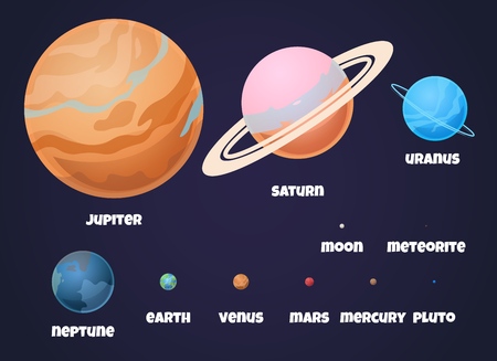 Planets Solar System. Flat signs of planet Jupiter in space universe with asteroid for scientific information and education. Vector isolated setのイラスト素材
