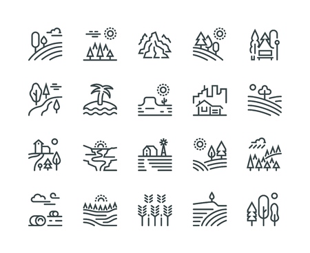 Landscape line icons. Nature park mountain hill forest trees and countryside garden, industrial megapolis cityscape vector pictograms setのイラスト素材