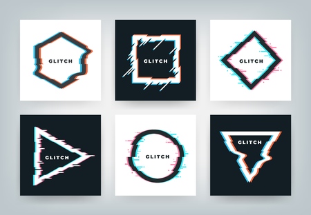 Glitch effect posters. Retro futuristic distortion dynamic geometry shapes, minimal abstract background. Vector glitched party flyers setのイラスト素材