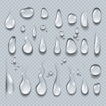 Realistic water drops. 3D transparent condensation droplets, bubble collection on clear surface. Rain drops vector setのイラスト素材