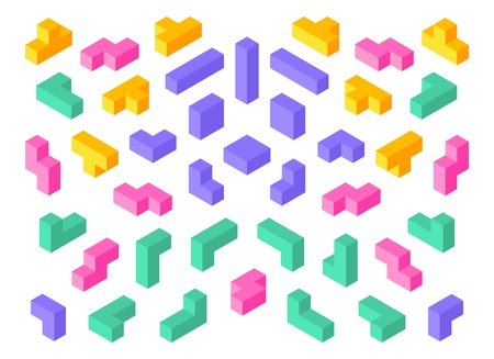 Tetris shapes. Isometric 3D puzzle game elements colorful cube abstract blocks. Vector isometric tetris design objects setのイラスト素材