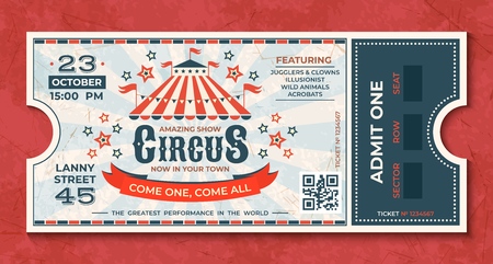 Circus tickets. Vintage carnival event banner, retro luxury coupon with marquee and party announcement. Vector circus luxury greeting cardのイラスト素材