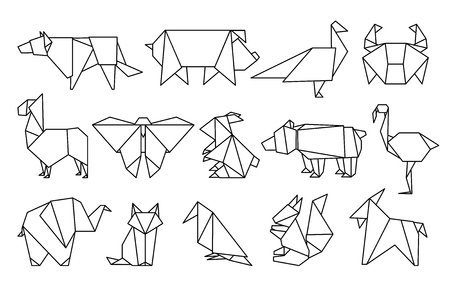 Line origami animals. Abstract polygon animals, folded paper shapes, modern japan design templates. Vector animal icons setのイラスト素材