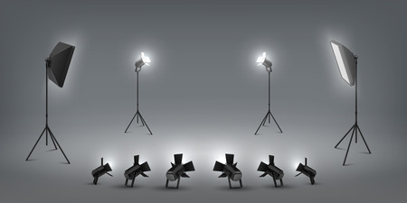 Realistic spotlight. Studio light effects, floodlights and softbox, photo studio and stage light. Vector set of concert vivid lamp lightのイラスト素材