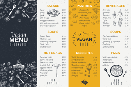 Hand drawn restaurant menu. Food cooking vintage template, doodle breakfast and diner cafe flyer. Vector menu card poster vintage designのイラスト素材