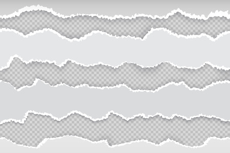 Ripped paper page. Newspaper horizontal torn strips, realistic transparent white cardboard rip edge. Vector banner rough edge grey illustrationのイラスト素材