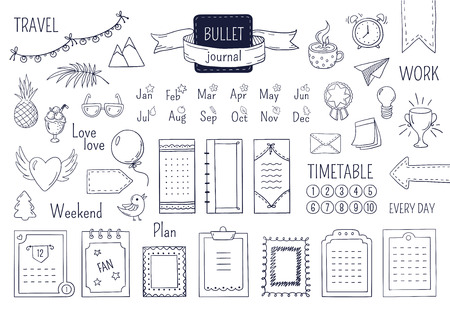 Journal hand drawn elements. Notebook doodle bullets, schedule calendar diary sketch line elements. Vector doodle bullet setのイラスト素材
