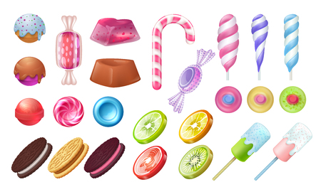 Lollipops and candies. Chocolate and toffee round sweets, caramel bonbon marshmallow and gummy. Vector jellies candies realistic set on white backgroundのイラスト素材