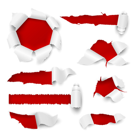 Paper hole. Realistic torn edge rip white sheet sticker sale tag promotional cardboard holes roll page. Vector loch ripped scroll elementsのイラスト素材