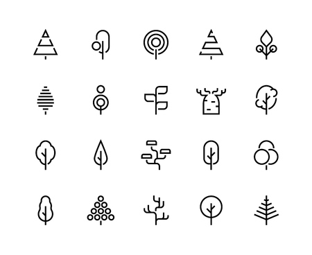 Trees line icons. Simple minimalist plants, organic geometric abstract shapes of leaves and pine forest trees. Vector beauty tree logo setのイラスト素材