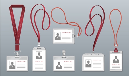 Realistic lanyard badge. Employee identification tag, blank plastic ID card holders with neck lanyards. Vector personal office pass holder pass nameのイラスト素材