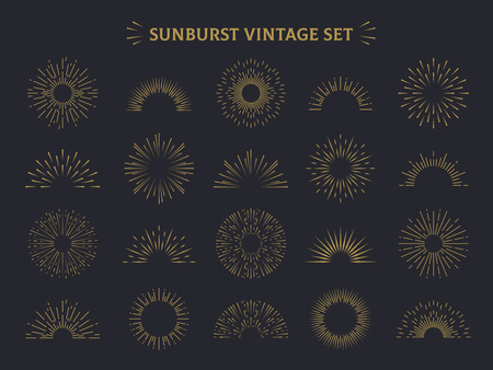 Sunburst set. Hand drawn sunrise firework sunset blast sunbeam burst sunshine ray decorative retro vintage vector line radial elementsのイラスト素材
