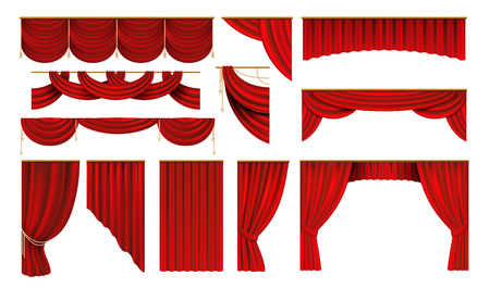 Realistic red curtains. Cinema and theater stage borders, 3D elegant backdrop folding drapery.のイラスト素材