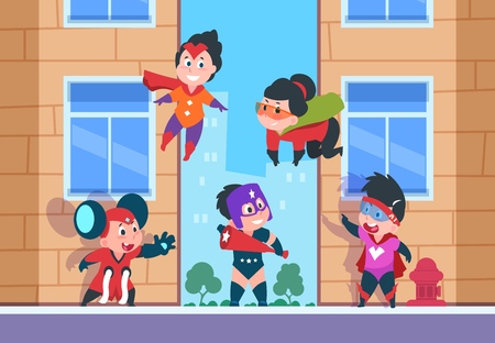 Superhero kids background. Children comic characters, cartoon happy kids in superhero costumes and mask on abstract vector urban backgroundのイラスト素材