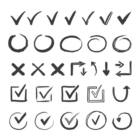 Hand drawn check signs. Doodle v mark for list items, checkbox chalk icons and sketch checkmarks. Vector checklist marks icon setのイラスト素材
