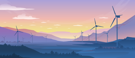 Mountain ecology landscape. Sustainable wind energy turbines silhouette with pine forest and mountains. Vector realistic powerful windmill on background nature sunsetのイラスト素材