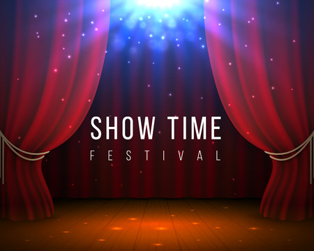 Stage with red curtains. Closed cinema and opera background with red drape and spotlight. Vector 3D elegant theater backdropのイラスト素材