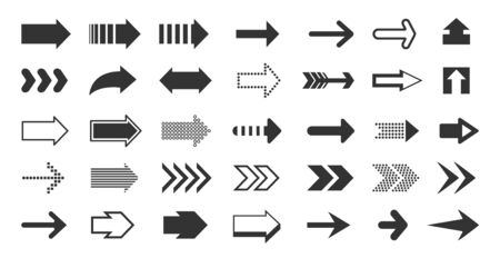 Black arrows. Direction pointers, up down left right signs of dots shapes and strokes, flat cursor pixel next sign. Vector arrow signage setのイラスト素材