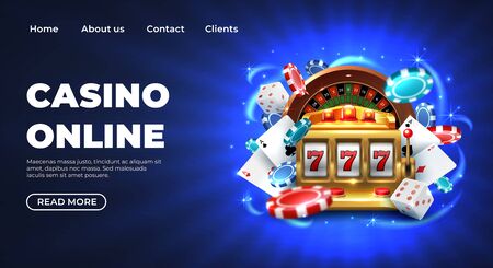 Casino 777 slot machine landing page template. Gambling Casino landing page. Gambling roulette website big lucky prize, realistic 3D vector illustration 777 slot machine template. Happy gambler play pokerのイラスト素材