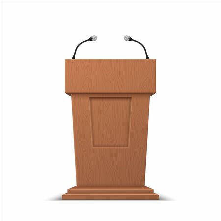 Realistic debate stage. 3D conference speech tribune, business presentation stage stand with microphones. Vector isolated illustration podium for public presenting on white backgroundsのイラスト素材
