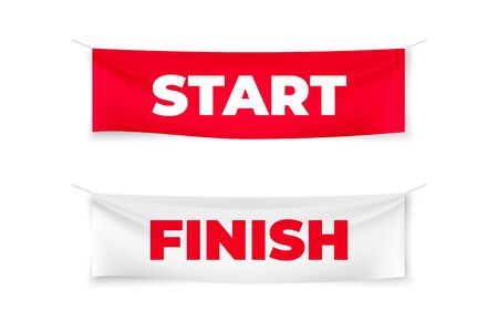 Start and finish realistic banners. Flags for outdoor sport event. Textile vector streamers for competition race, run marathonのイラスト素材
