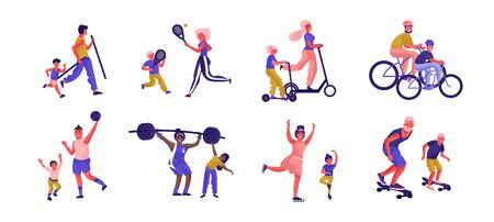 Parents and children sport activities. Cartoon active family characters playing games and spending time together. Vector illustration father, mother and kids sporting activities flat scenesのイラスト素材