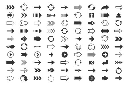 Black arrows big set. Direction pointers, up down left right signs of dots shapes and strokes,...