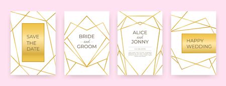 Luxury wedding line posters. Golden fashion borders design, modern invitation cards abstract decoration. Vector trendy banners with decorations golden frame on pink backgroundsのイラスト素材